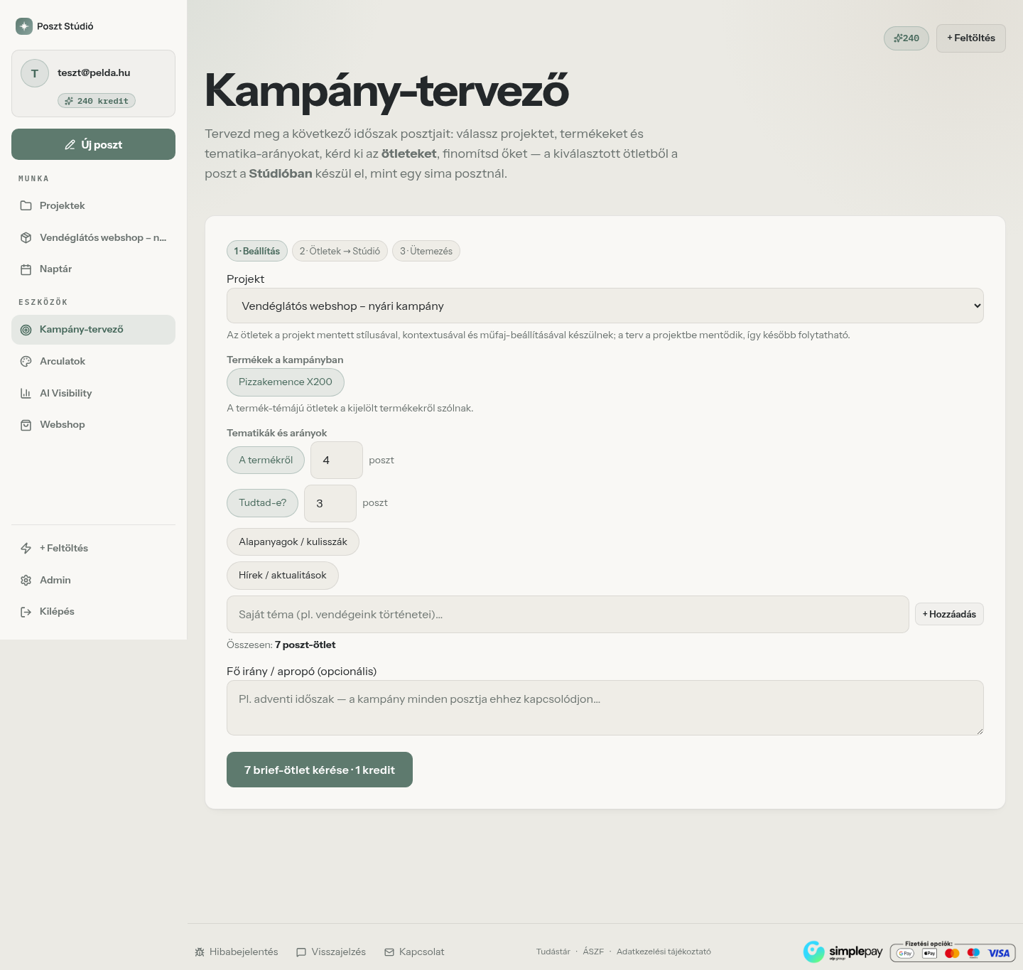 A Poszt Stúdió kampány-tervezője: projekt, kampány-termékek, tematikák darabszámmal és a brief-ötletek kérése